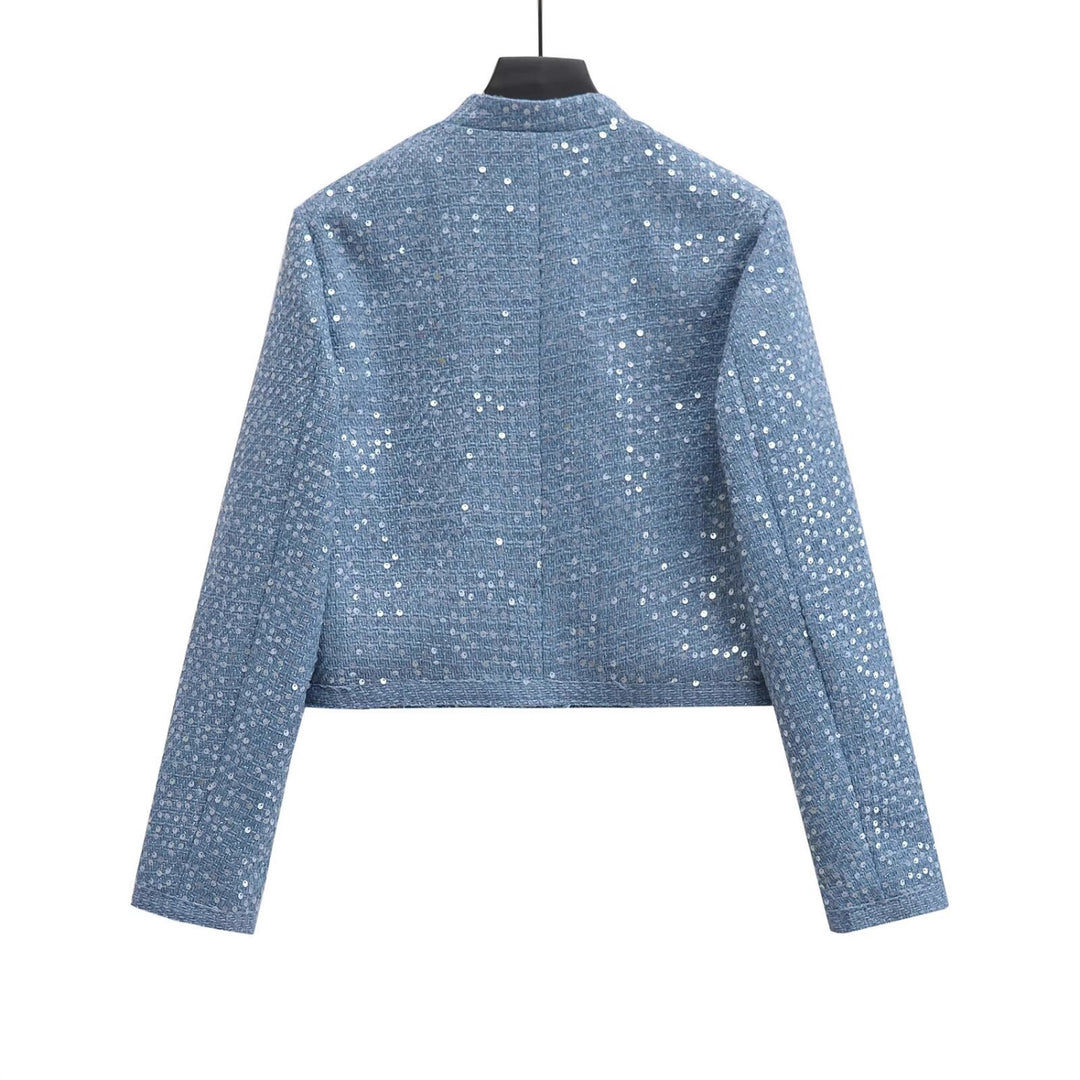 Women's Short Blazer Made of Boucle Tweed with Sequins and Flap Pockets Mune Fashion