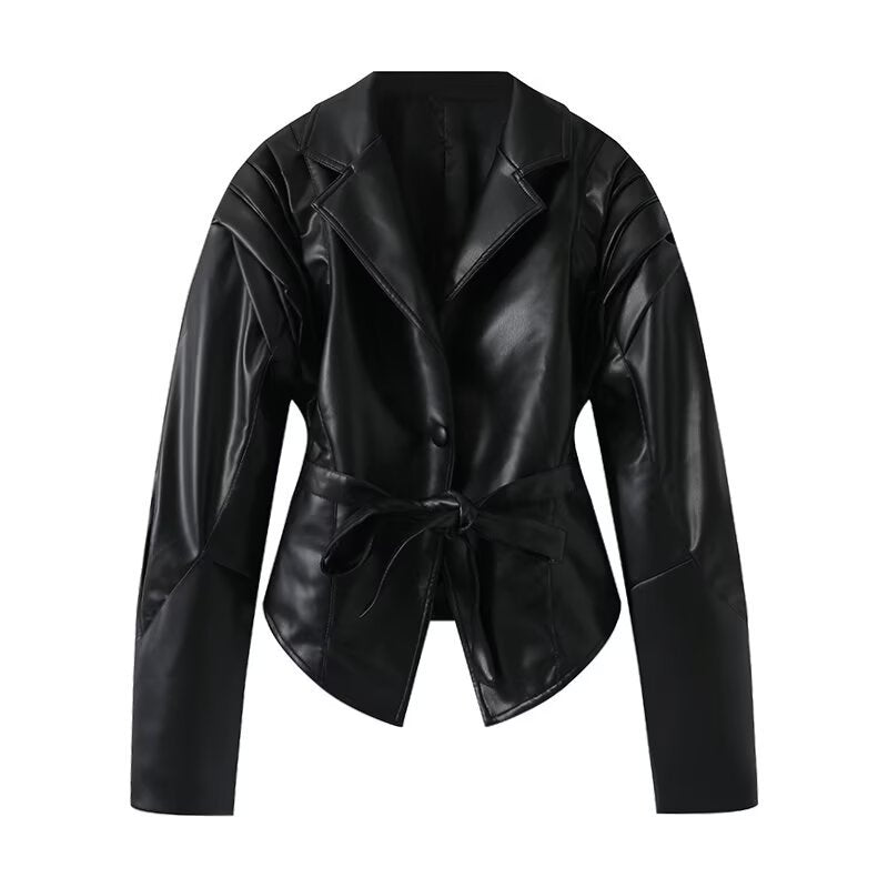 Women's Tailored Wrap Jacket in Suede Look with Shoulder Pleats and Tie Belt Mune Fashion