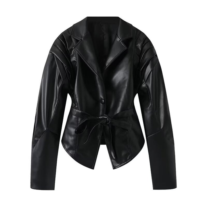 Women's Tailored Wrap Jacket in Suede Look with Shoulder Pleats and Tie Belt Mune Fashion