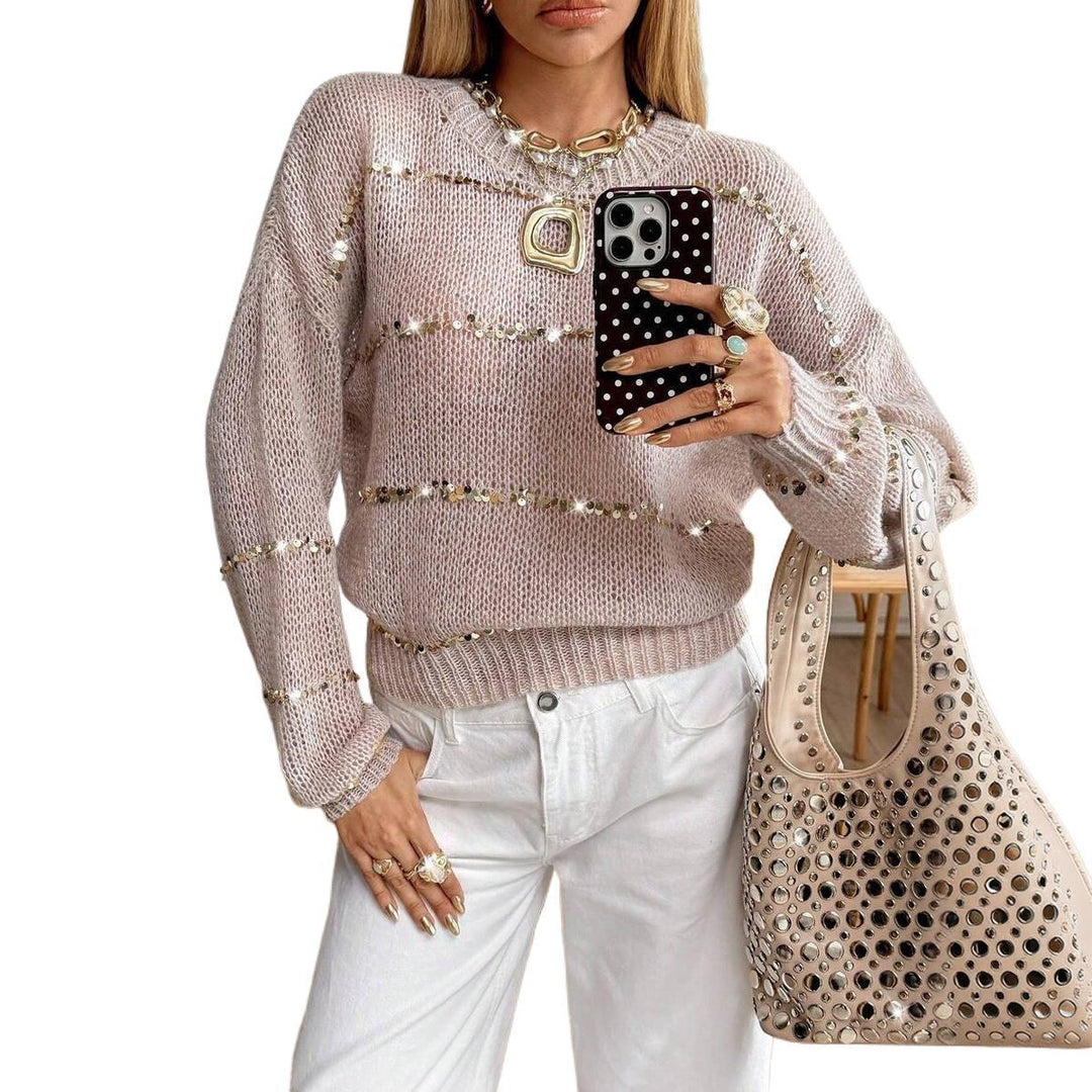 Ladies chunky knit sweater with sequin stripe, oversized fit & round neck Mune Fashion