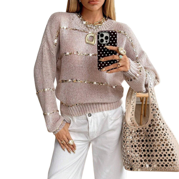 Ladies chunky knit sweater with sequin stripe, oversized fit & round neck Mune Fashion