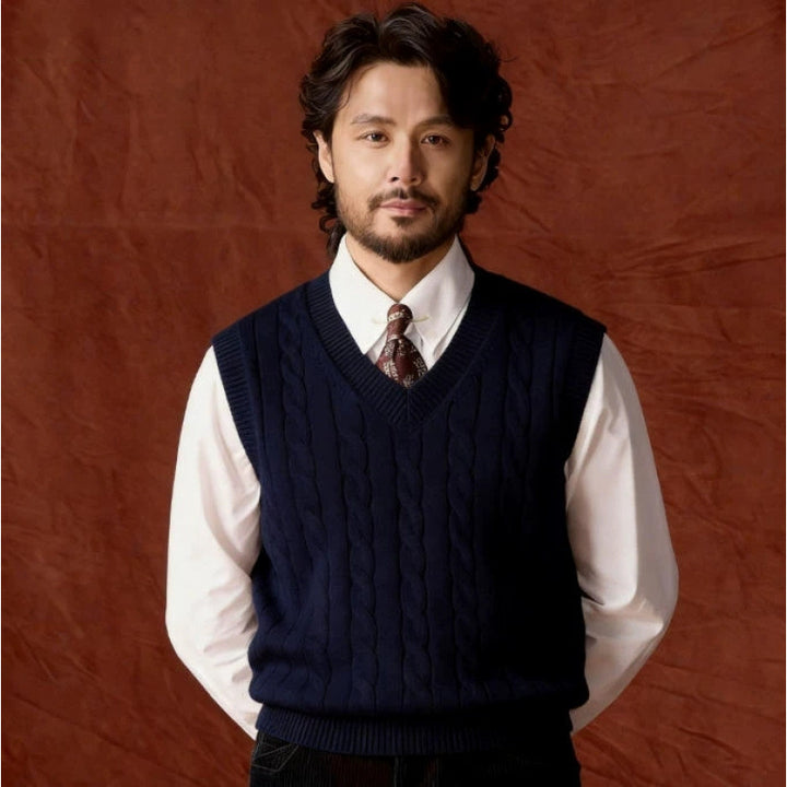 Men's knitted vest with cable pattern and V-neck Mune Fashion