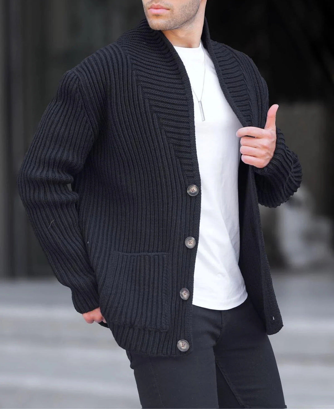 Men's Cardigan with Deep Neckline and Buttons Mune