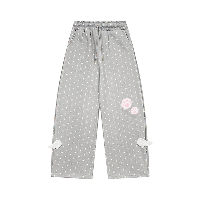 Women’s Relaxed Lounge Pants with Elastic Waistband, Allover Star Print and Paw Print Application Mune Fashion
