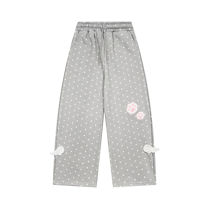 Women’s Relaxed Lounge Pants with Elastic Waistband, Allover Star Print and Paw Print Application Mune Fashion