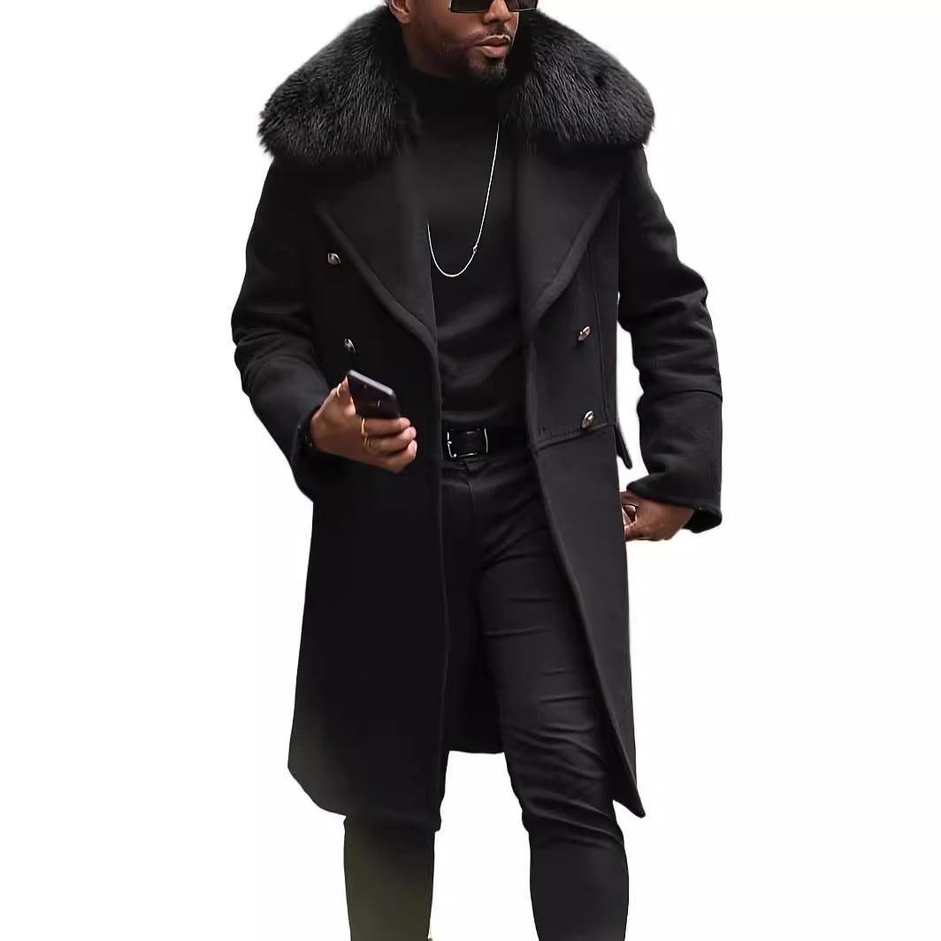 Men's double-breasted wool overcoat with voluminous sheepskin collar and gold decorative buttons Mune Fashion