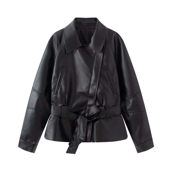 Women's short jacket made of faux leather with a belted waist and shirt collar Mune Fashion