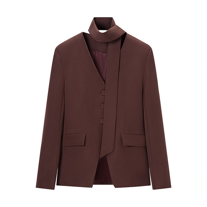 Women's Tailored Blazer with Bow, V-Neck and Flap Pockets Mune Fashion