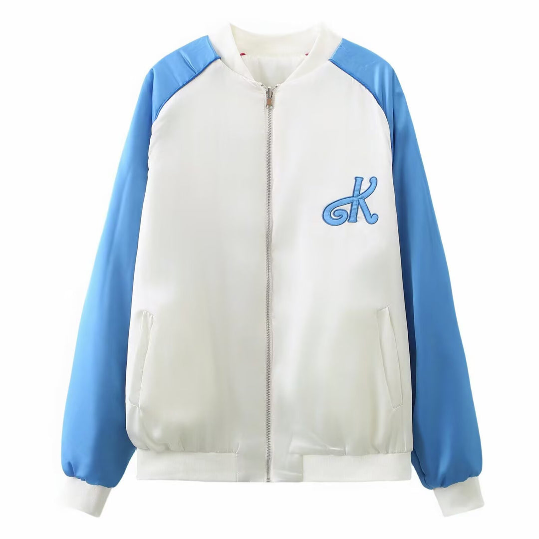 Ladies College Bomber Jacket with Contrast Sleeves and Embroidered Monogram Mune Fashion