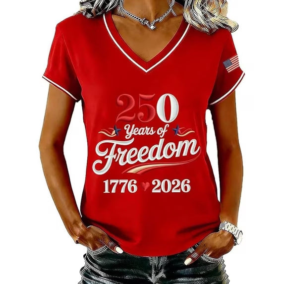 Women’s V-neck Retro Print T-shirt with Eagle Emblem and vintage-inspired Graphic Mune Fashion