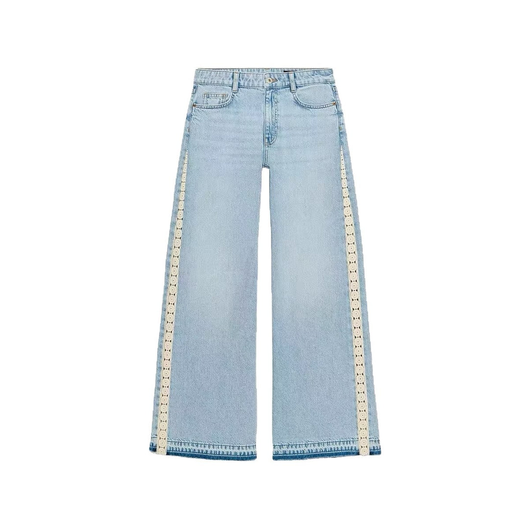 Women's Highwaist Cropped Wide-Leg Jeans with Crochet Lace Side Stripes Mune Fashion