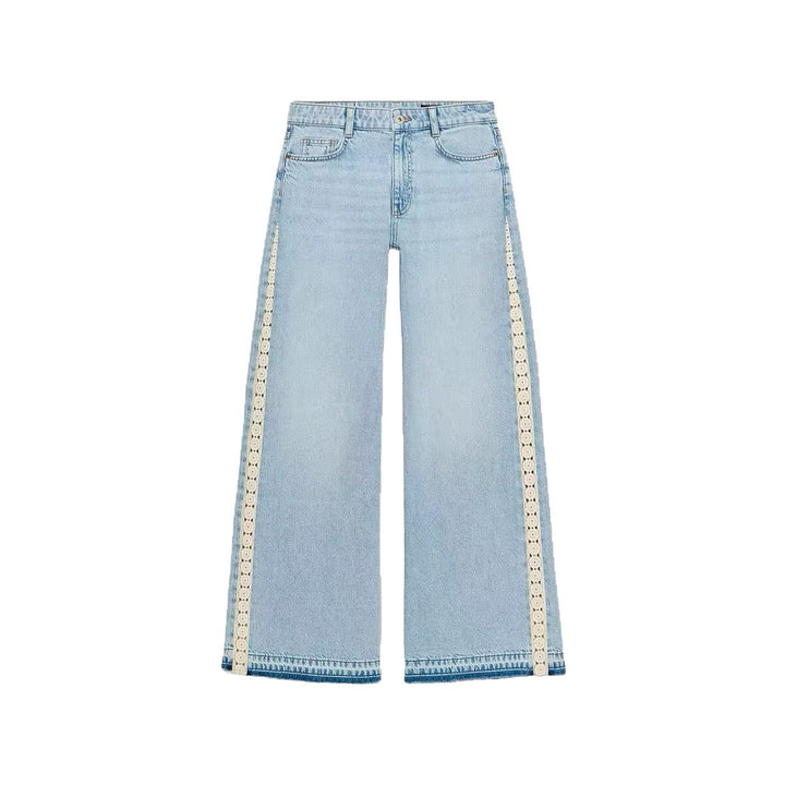 Women's Highwaist Cropped Wide-Leg Jeans with Crochet Lace Side Stripes Mune Fashion