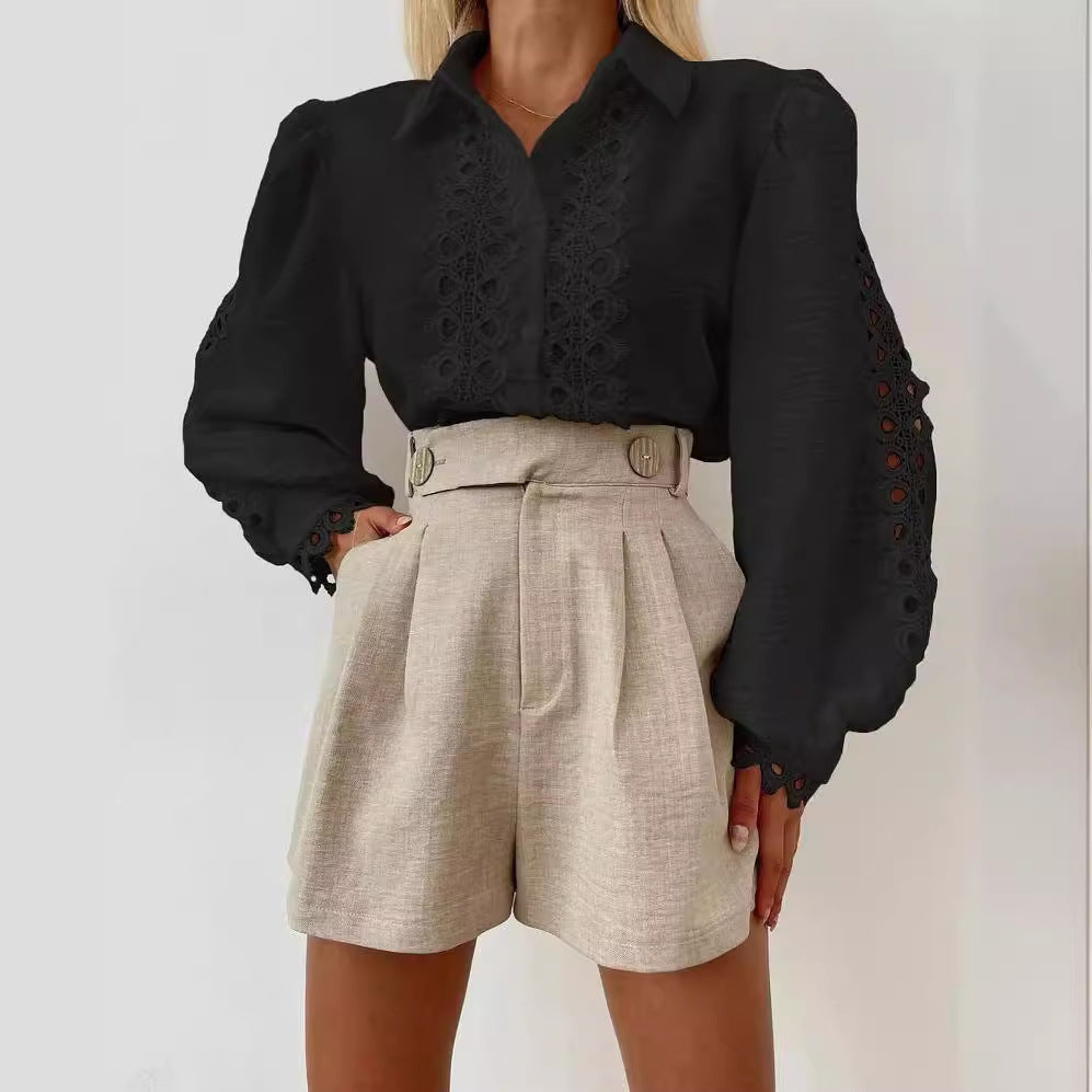 Women's Embroidered Linen Blouse with Lace, Balloon Sleeves and Shirt Collar Mune Fashion