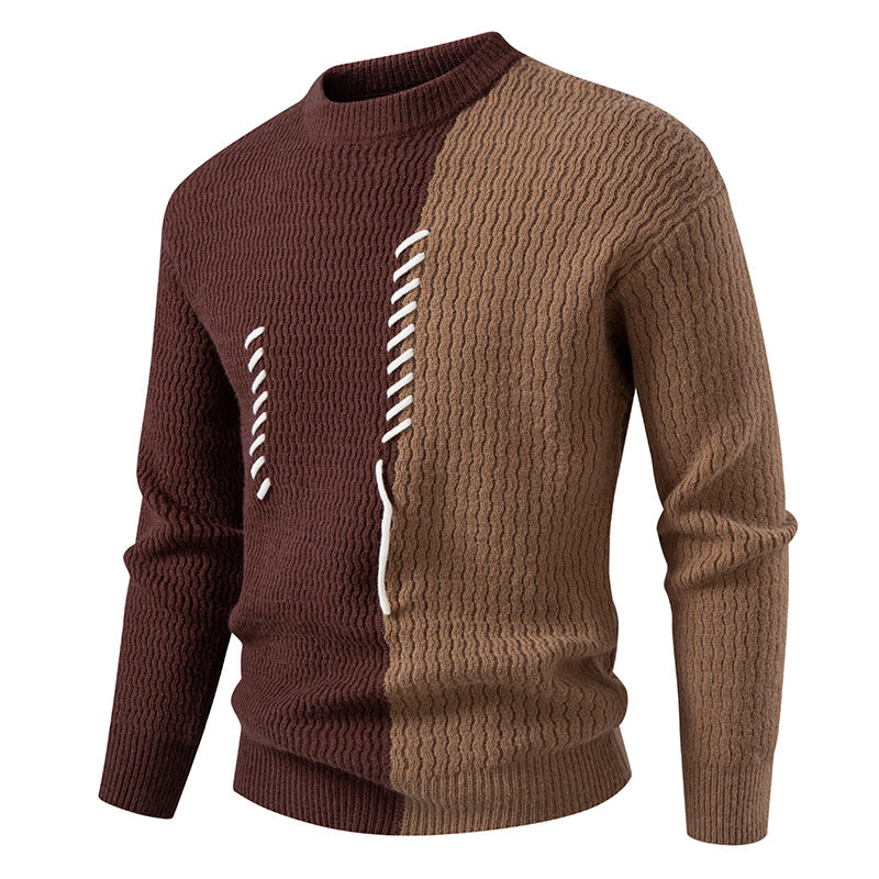 Men's two-tone structured knit sweater with decorative band detail and round neck Mune Fashion
