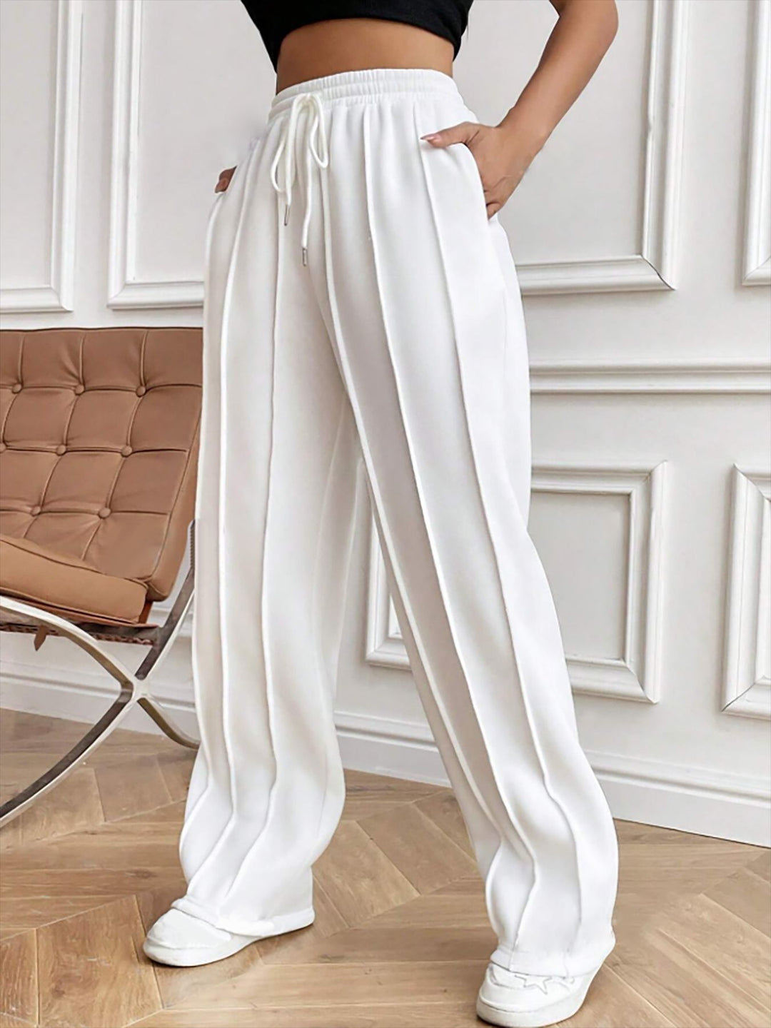 Women's Wide High-Waist Pleated Pants with Drawstring and Distinctive Crease Mune Fashion