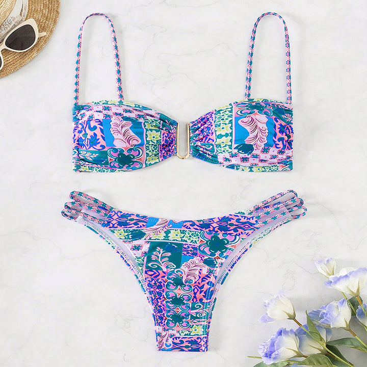 Women's bandeau bikini with sophisticated ruffle details and elegant pattern Mune Fashion