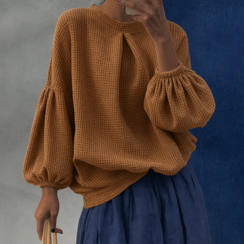 Women Oversize Waffle Knit Sweater with Balloon Sleeves and Pleat Mune Fashion