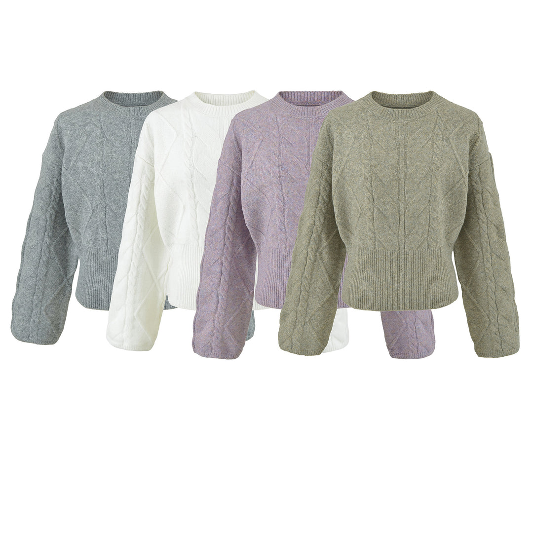 Women's Short Cable Knit Sweater with Fitted Ribbed Cuffs Mune Fashion