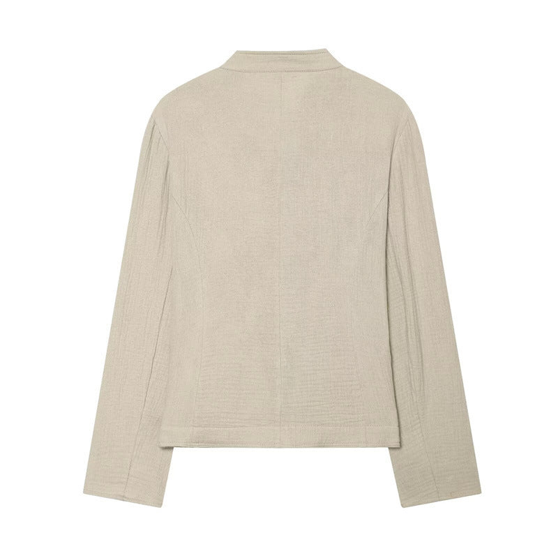 Women Boxy Linen Blazer with Stand Collar, Decorative Button Placket and Patch Pockets Mune Fashion