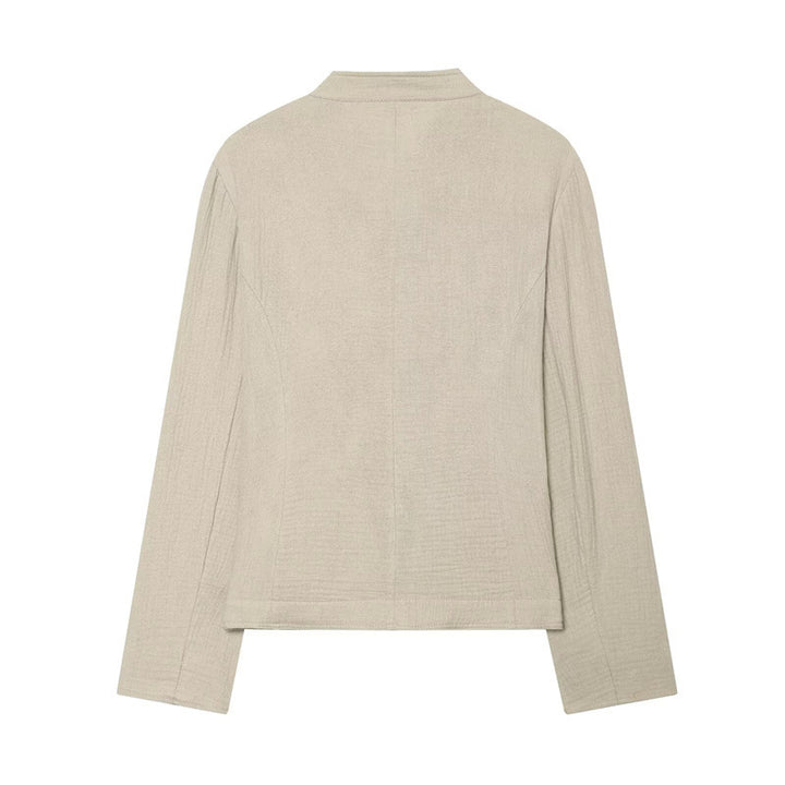 Women Boxy Linen Blazer with Stand Collar, Decorative Button Placket and Patch Pockets Mune Fashion