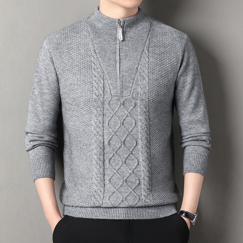 Men's fine knit half zip pullover with cable structure and stand-up collar Mune Fashion