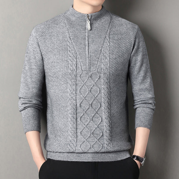 Men's fine knit half zip pullover with cable structure and stand-up collar Mune Fashion