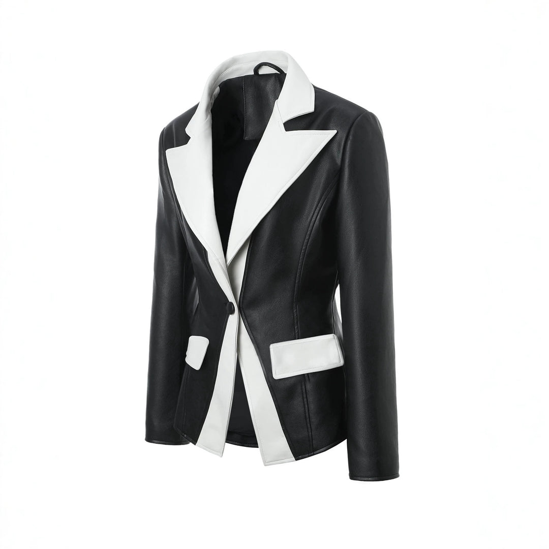 Women's contrast blazer made of faux leather with pointed lapels and tailored fit Mune Fashion