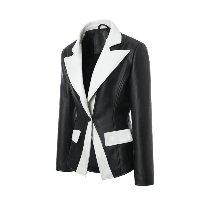 Women's contrast blazer made of faux leather with pointed lapels and tailored fit Mune Fashion