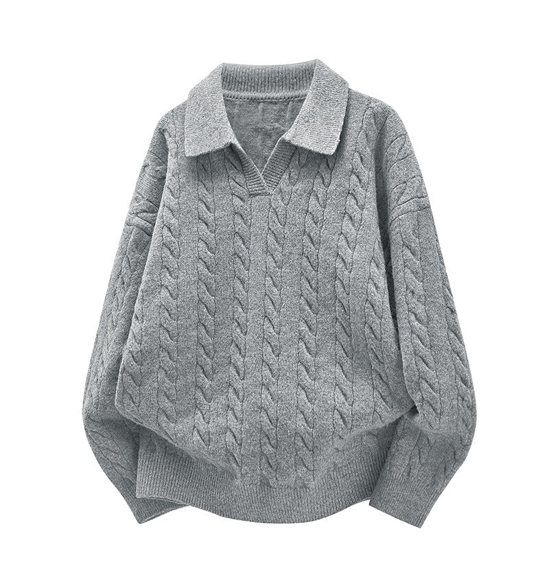 Women's Oversized Cable Knit Polo Sweater with V-Neck and Ribbed Hem Mune Fashion