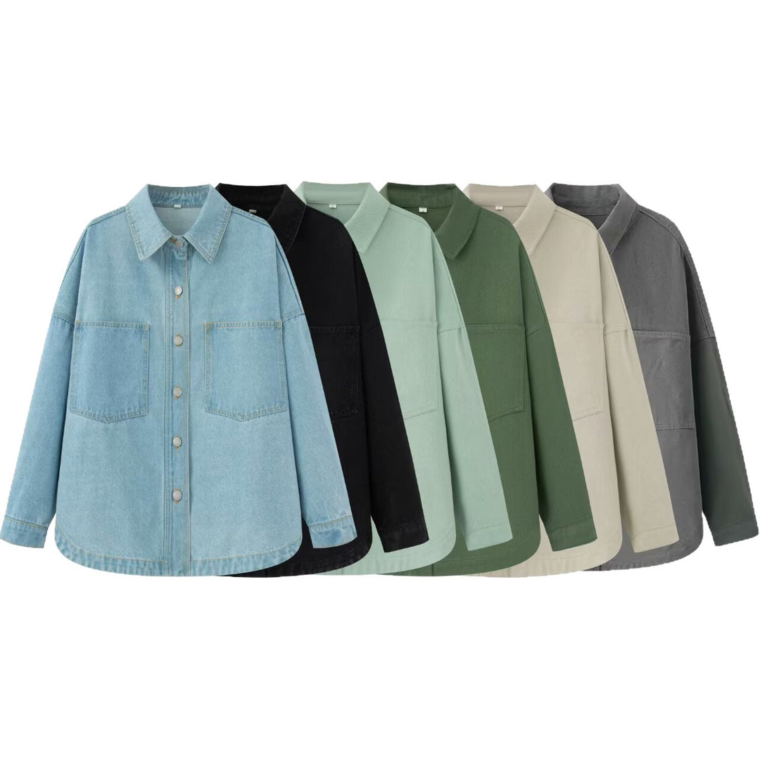 Women's Oversize Jeans Shirt Jacket in Boxy Cut with Patch Chest Pockets and Rounded Hem Mune Fashion
