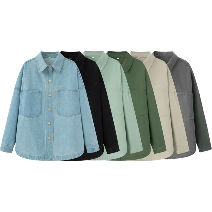 Women's Oversize Jeans Shirt Jacket in Boxy Cut with Patch Chest Pockets and Rounded Hem Mune Fashion