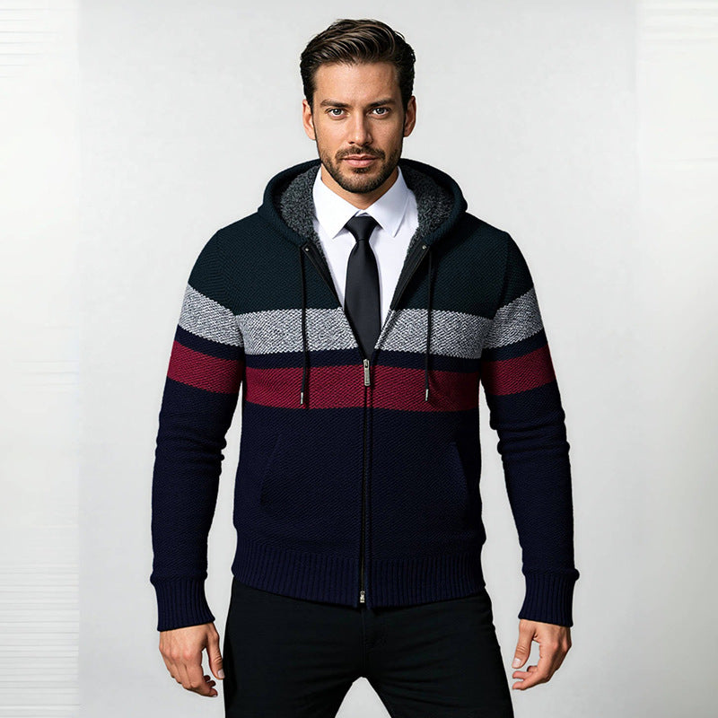 Men's Structured Hooded Cardigan with Contrast Stripes and Full Zip Mune Fashion