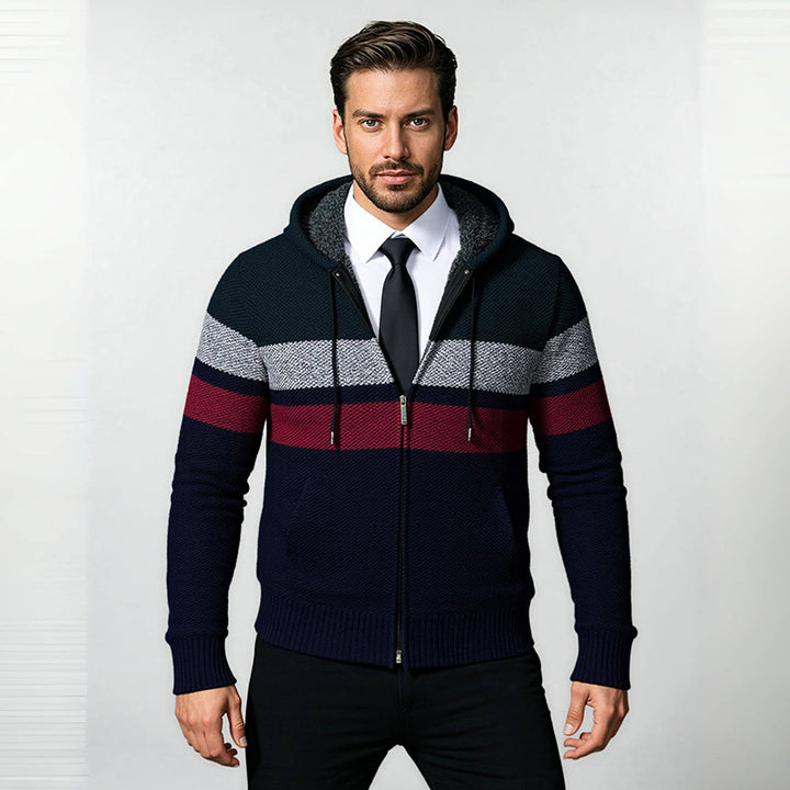 Men's Structured Hooded Cardigan with Contrast Stripes and Full Zip Mune Fashion