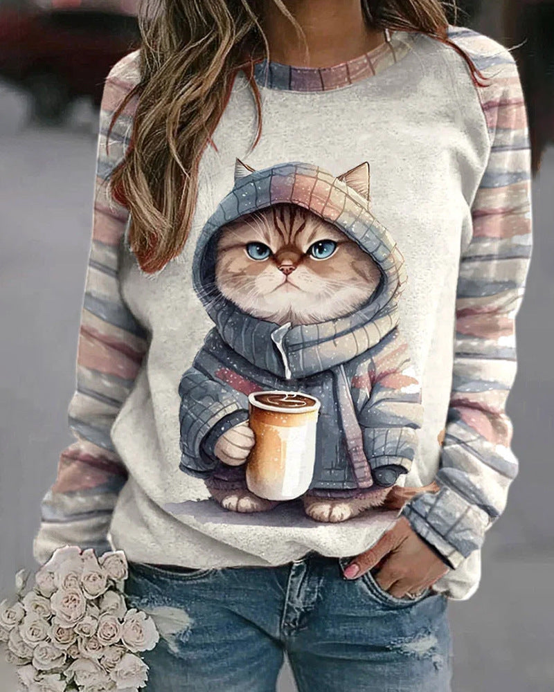Women's casual sweatshirt with large kitten front print and striped raglan sleeves Mune Fashion