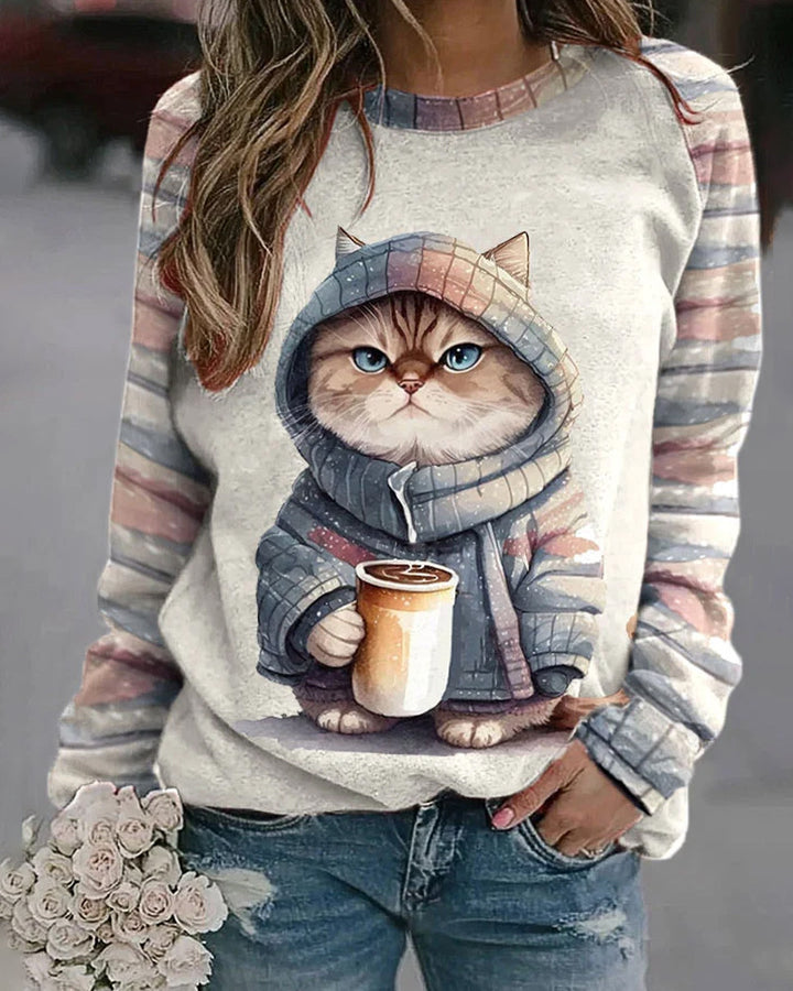 Women's casual sweatshirt with large kitten front print and striped raglan sleeves Mune Fashion