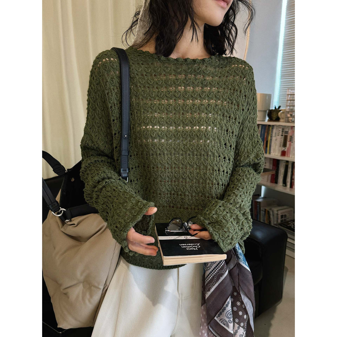 Women's Crocheted Oversized Openwork Sweater with Boat Neck Mune Fashion