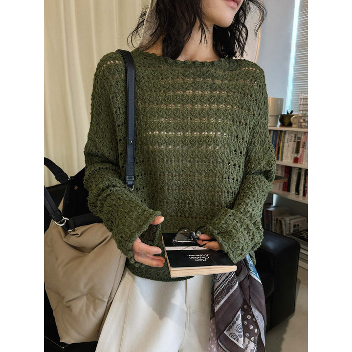 Women's Crocheted Oversized Openwork Sweater with Boat Neck Mune Fashion
