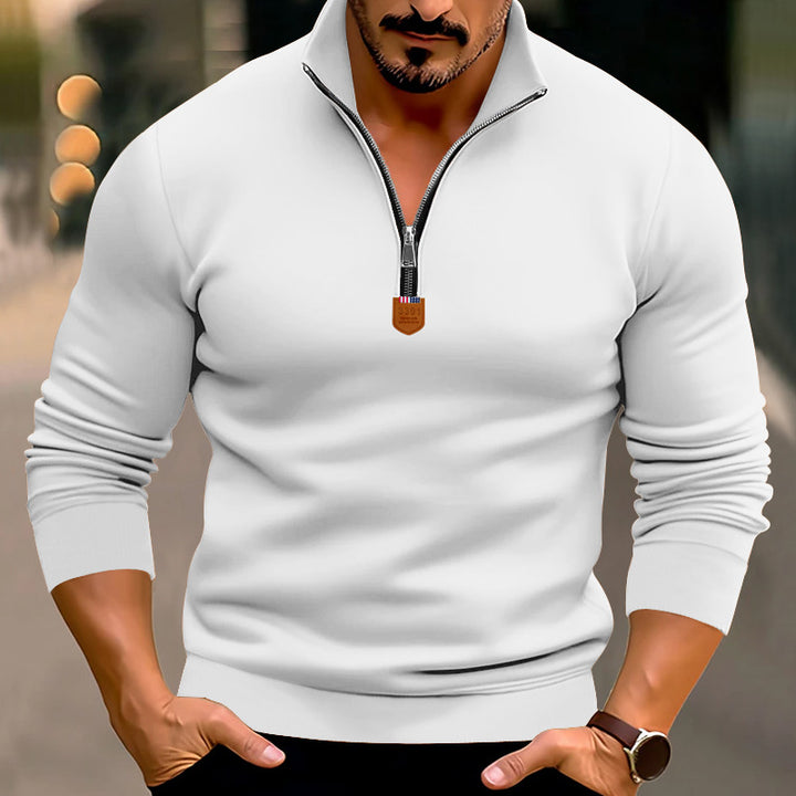 Men's narrow cut fine knit pullover with short zipper, shaping seams, and stretch waistband Mune Fashion