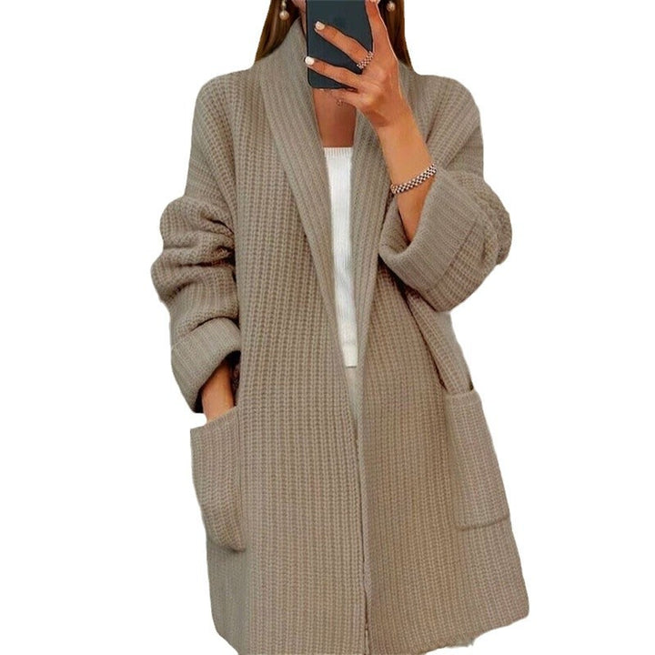Women's longer oversized knitted coat with shawl collar and patch pockets Mune Fashion