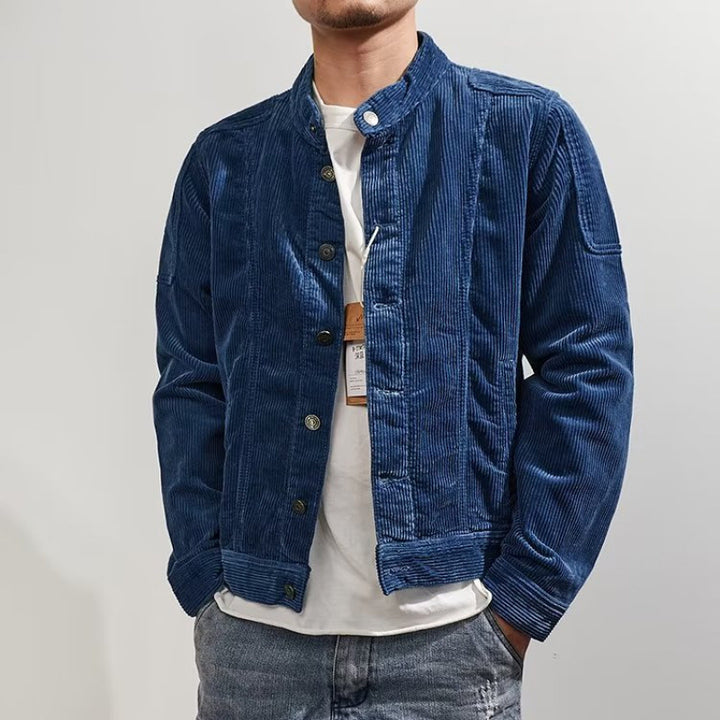 Men's Short-Cut Cord Jacket in Worker Style with Stand Collar and Snap Button Placket Mune Fashion