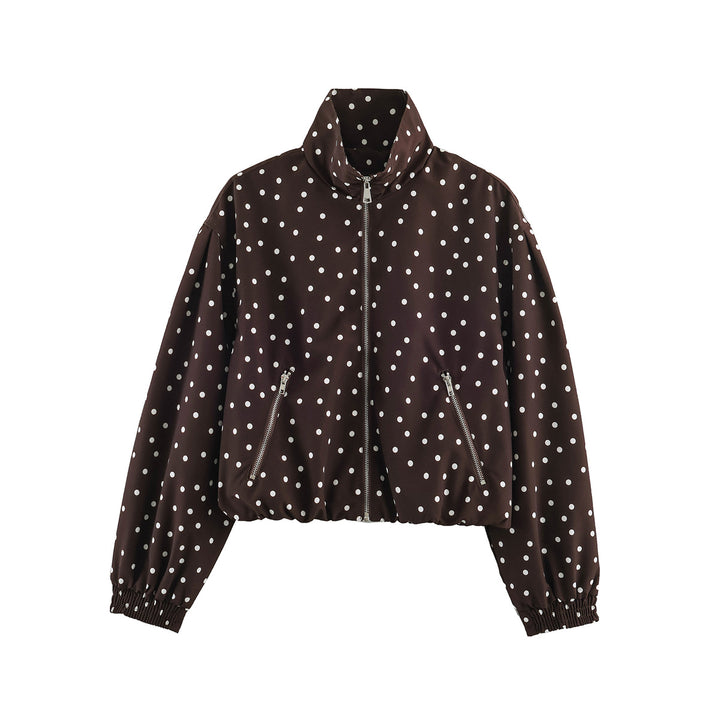 Women short cut dotted bomber jacket with stand collar, zip pockets and elastic hem Mune Fashion