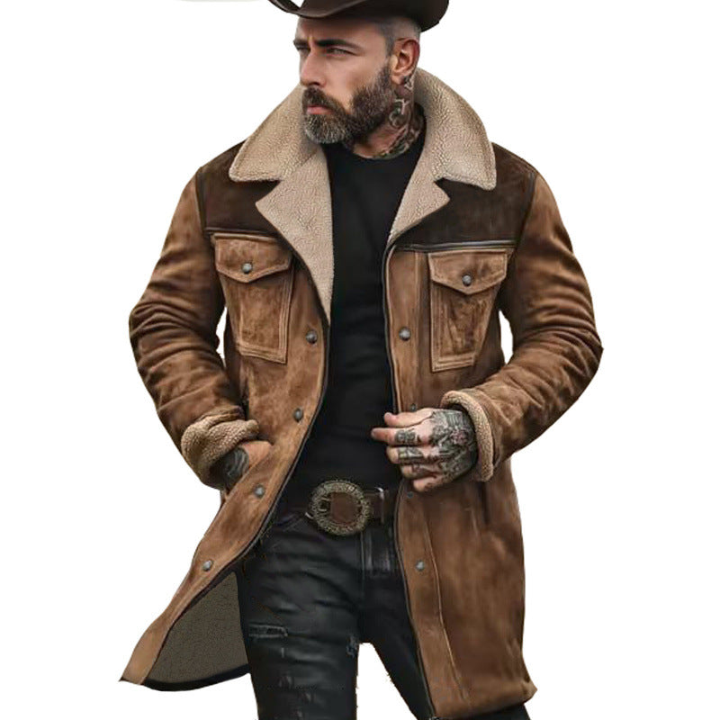 Men's Long Sherpa Coat with Faux Fur Lining and Suede Look Mune Fashion