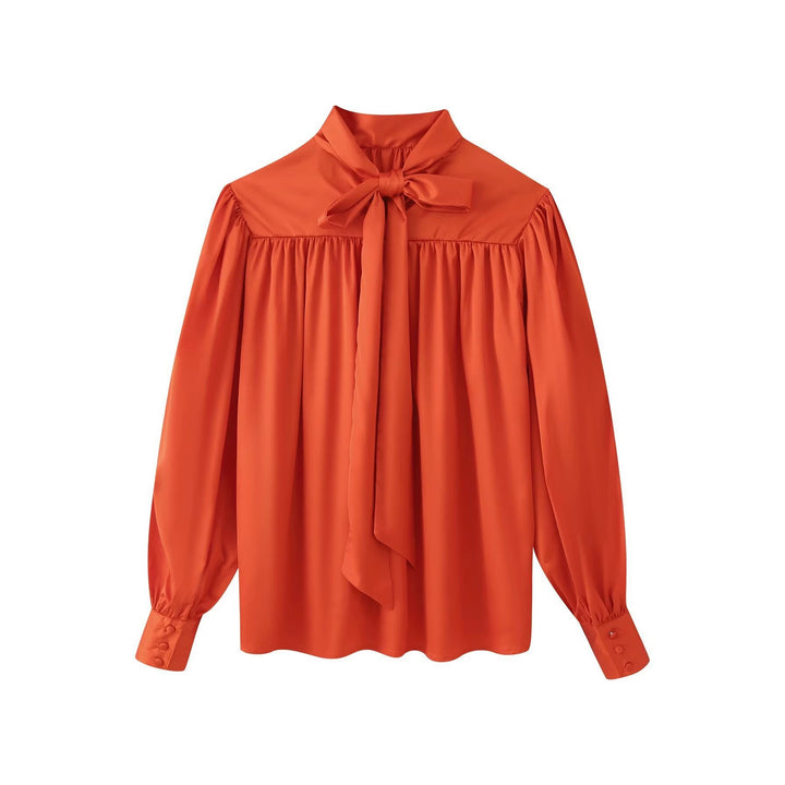 Women Silk-like Bow Blouse with Gathered Shoulder Yoke and Balloon Sleeves Mune Fashion