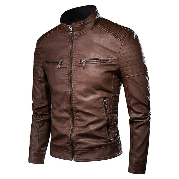 Men's Slim-Fit Biker Leather Jacket with Stand Collar and Quilted Shoulder Area Mune Fashion