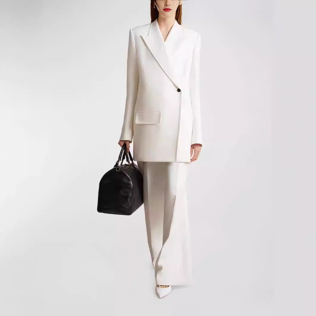 Women Minimalist Long Blazer with Asymmetric Single-Button Front and Clean Longline Cut Mune Fashion