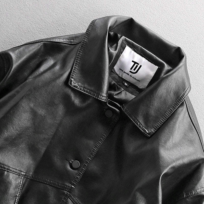 Men's Oversized Faux Leather Utility Jacket with Flap Pockets and Elastic Hem Mune Fashion