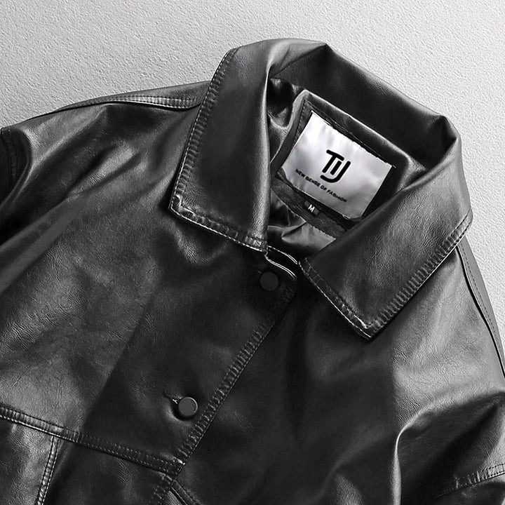 Men's Oversized Faux Leather Utility Jacket with Flap Pockets and Elastic Hem Mune Fashion