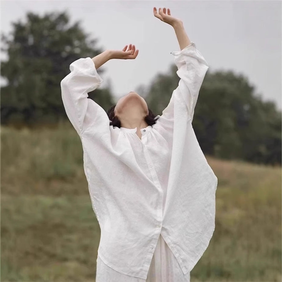 Women's Loose Oversized Linen Shirt with Stand Collar, Gathered Shoulder Yoke and Wide Balloon Sleeves Mune Fashion