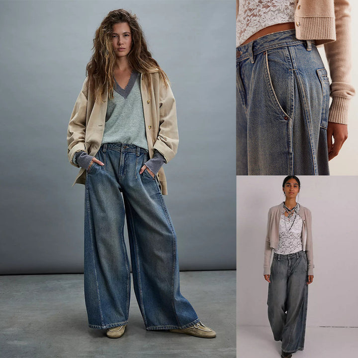 Ladies' extra wide high-waist palazzo jeans with a high waistband, drop crotch, and faded vintage look Mune Fashion