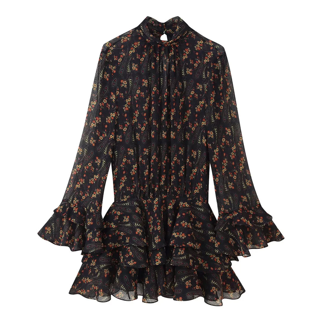 Women's flowing chiffon mini dress with stand collar, long ruffle sleeves, and multi-tiered tiered skirt Mune Fashion